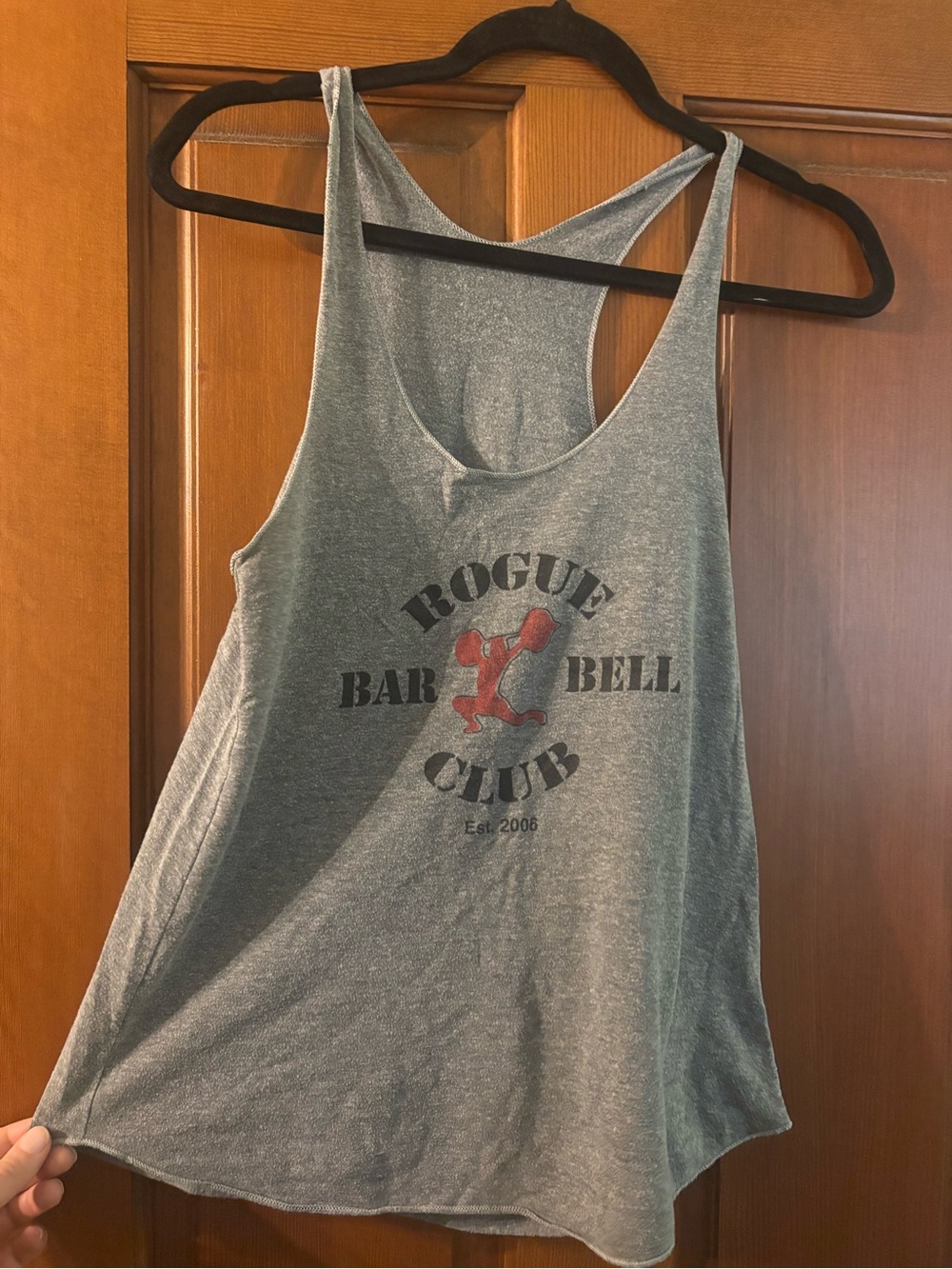 Rogue Gray Racerback Tank with Red Lifter Logo